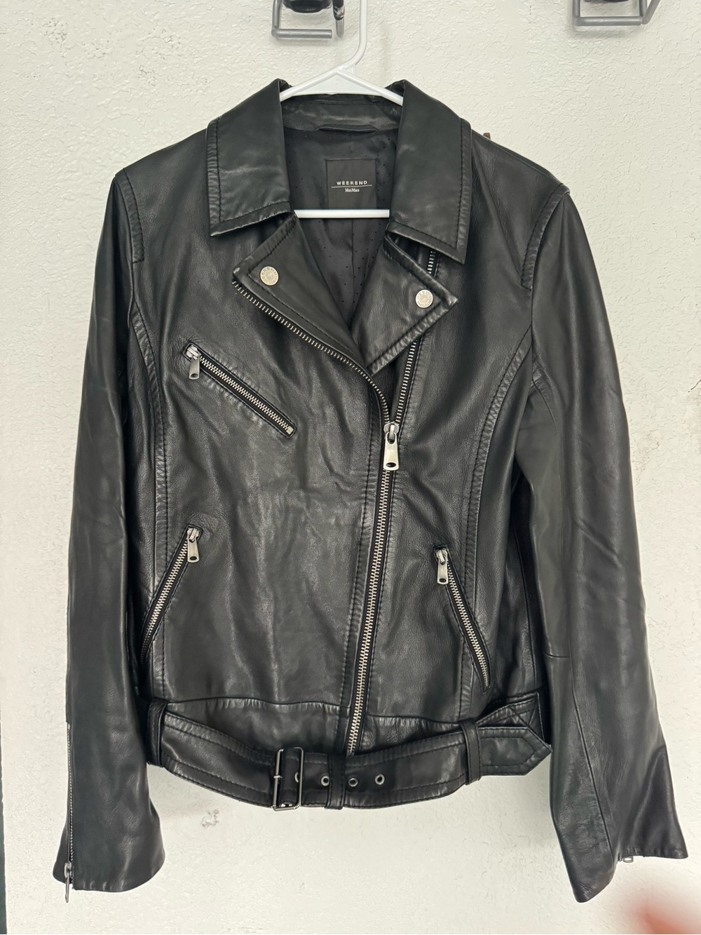 MaxMara Black Leather Biker Jacket with Belted Waist